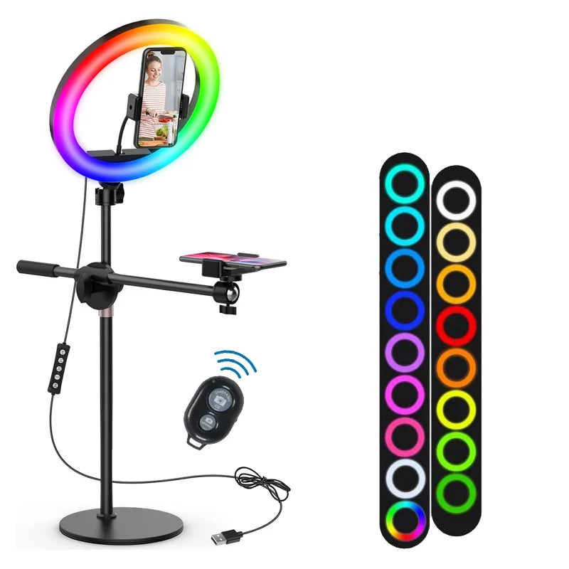 RGB Desk Ring Light with Stand and Phone Holder - 10.5'' Desktop Light Ring for Video Recording, Podcast, Selfie, Zoom Lighting