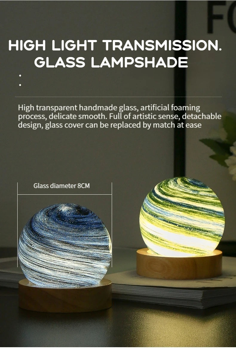 3D Moon Glass Lamp USB Powered Planet Mini Night Light With Wooden Stand For Kids Girls Boys Friends Birthday Christmas Gifts