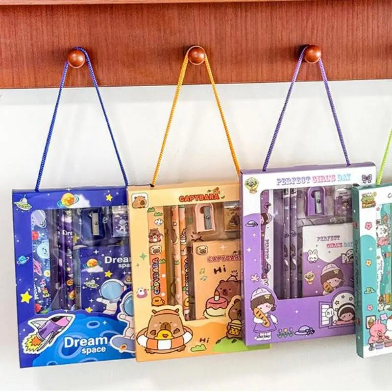 6Pcs/Set Cute Cartoon Capybara Pencil Stationery Set Kawaii Cat Eraser Pencil Sharpener Children's Student Stationery Supplies