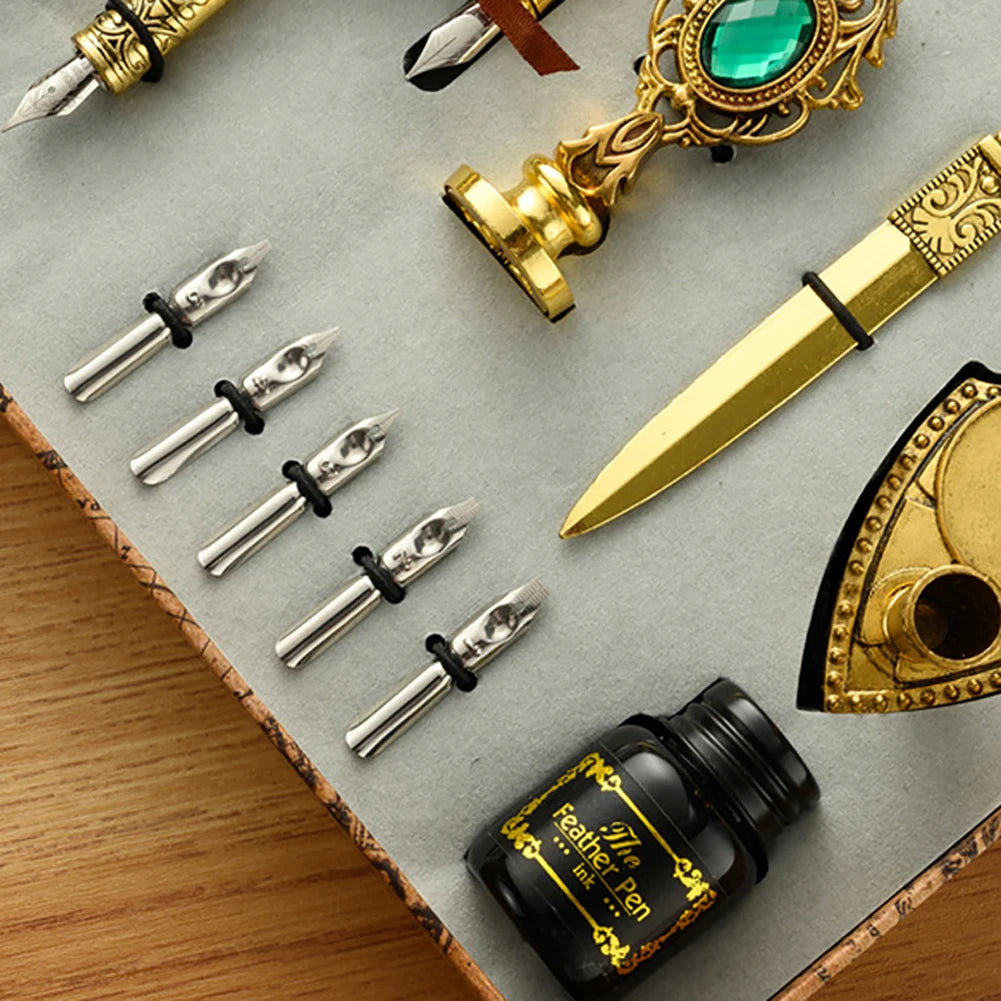 Retro Feather Pen Writing Ink Set Stationery Exquisite Feather Dip Pen Stamp Set Art Supplies Crafts Gifts for Student DIY