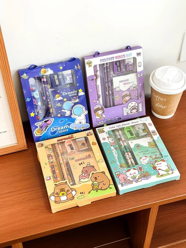 6Pcs/Set Cute Cartoon Capybara Pencil Stationery Set Kawaii Cat Eraser Pencil Sharpener Children's Student Stationery Supplies