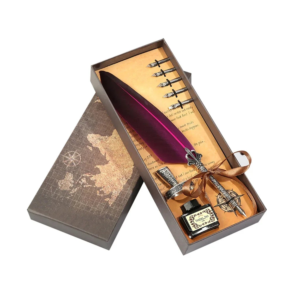 Retro Feather Pen Writing Ink Set Stationery Exquisite Feather Dip Pen Stamp Set Art Supplies Crafts Gifts for Student DIY