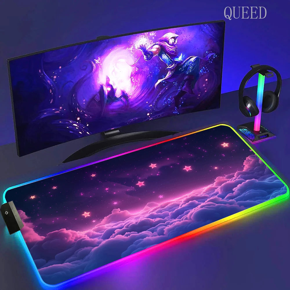 Led Large Desk Mat Fantasy Mountain Landscape Rgb Mousepad Carpet with Backlight Mausepad Lockrand Colorful Mouse Pad Desk Mats