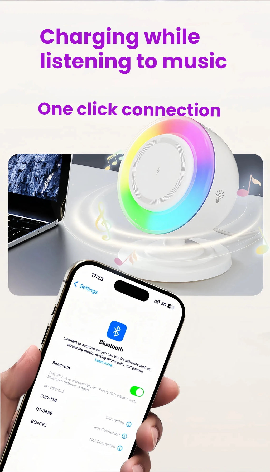 Wireless Charger Bluetooth Speaker and Night Lights  4 in 1 Phone Charging Station  for Home Decor, Bedroom Office