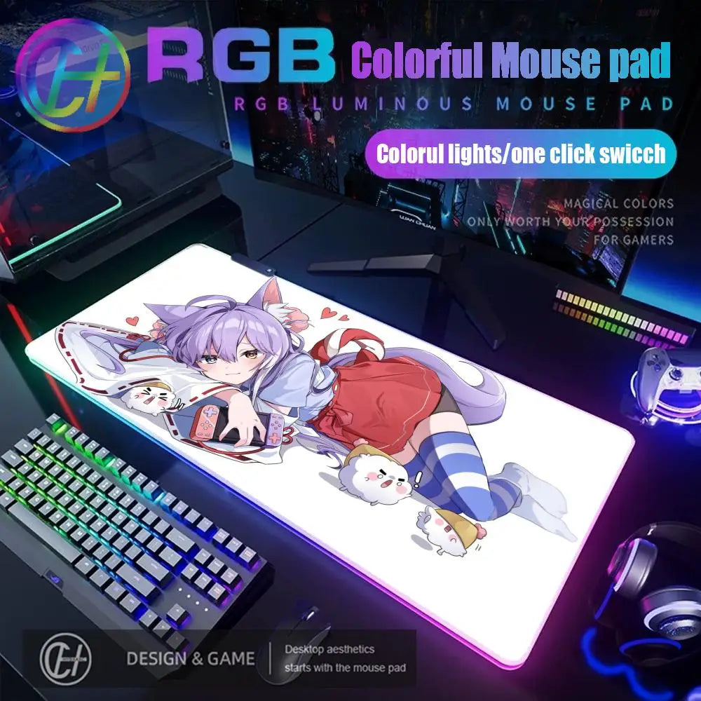 Cute Anime Girl Kawaii Mouse Pad RGB Gaming Mouse Pad Desk Mat HD Gamer Large LED Light XXL MousePads PC Computer Carpet
