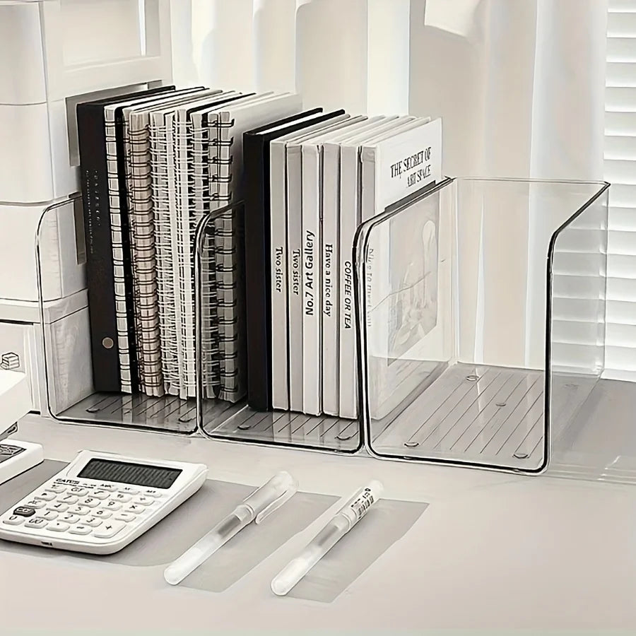 Clear Acrylic Desk Organizer with Multi Compartments. Transparent book stand, file & stationery holder for office & dorm.