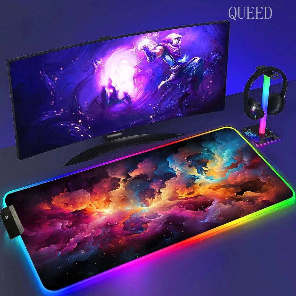 Led Large Desk Mat Fantasy Mountain Landscape Rgb Mousepad Carpet with Backlight Mausepad Lockrand Colorful Mouse Pad Desk Mats