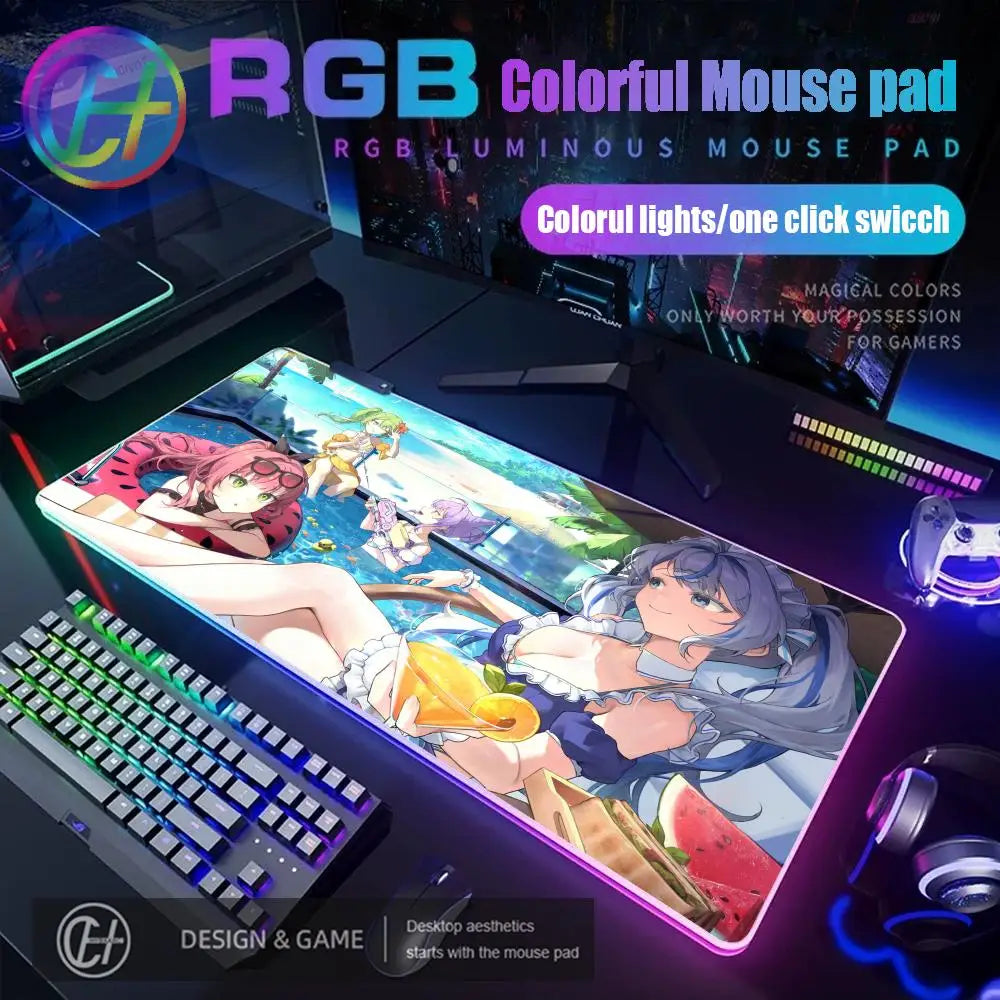 Cute Anime Girl Kawaii Mouse Pad RGB Gaming Mouse Pad Desk Mat HD Gamer Large LED Light XXL MousePads PC Computer Carpet