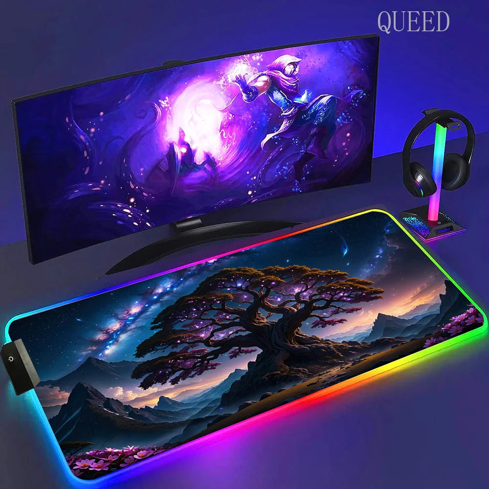 Led Large Desk Mat Fantasy Mountain Landscape Rgb Mousepad Carpet with Backlight Mausepad Lockrand Colorful Mouse Pad Desk Mats