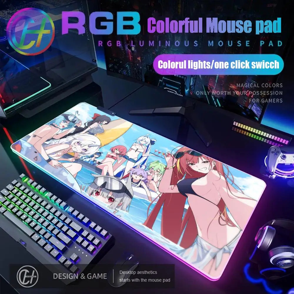 Cute Anime Girl Kawaii Mouse Pad RGB Gaming Mouse Pad Desk Mat HD Gamer Large LED Light XXL MousePads PC Computer Carpet