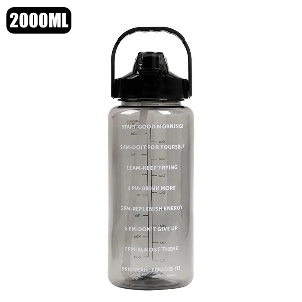 2L Water Bottle with Time Marker, Leak Proof, Non-Slip, Plastic  Portable Travel Water Bottle Fitness Cup With Cute Stickes