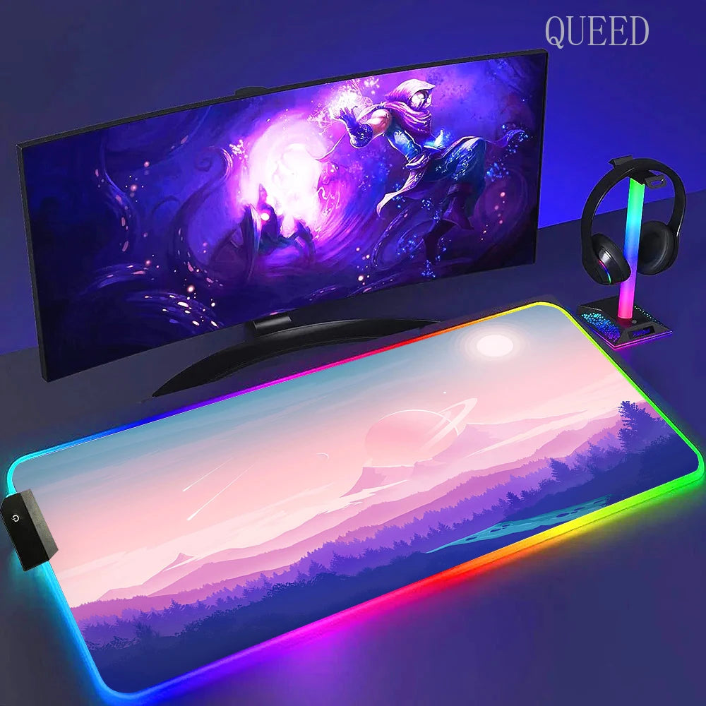 Led Large Desk Mat Fantasy Mountain Landscape Rgb Mousepad Carpet with Backlight Mausepad Lockrand Colorful Mouse Pad Desk Mats