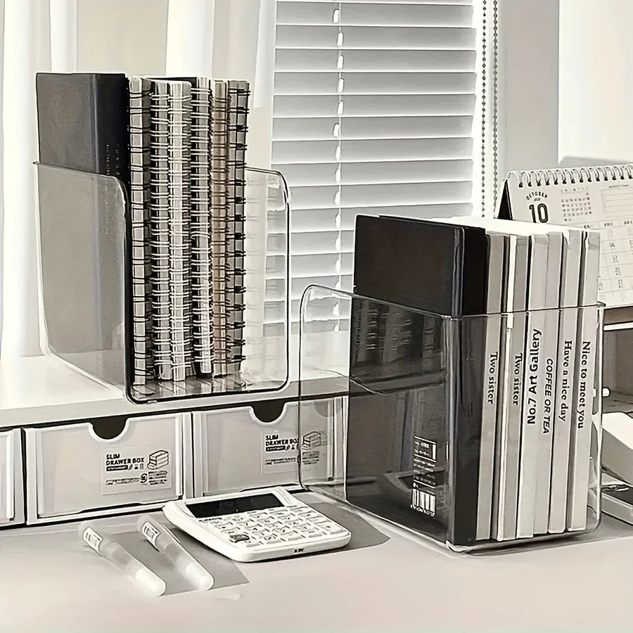 Clear Acrylic Desk Organizer with Multi Compartments. Transparent book stand, file & stationery holder for office & dorm.