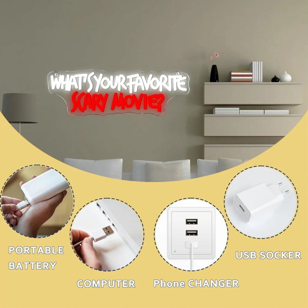 LED Neon Sign What Is Your Favorite Scary Movie Neon Light Wall Decor for Party Bedroom Outdoor House Bar Halloween USB Powered