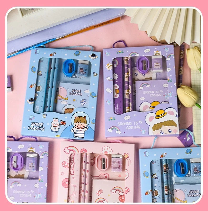 New Cartoon Stationery Set Including Pencil Notebook Ruler Eraser Pencil Sharpener Student School Supplies Stationery Gifts