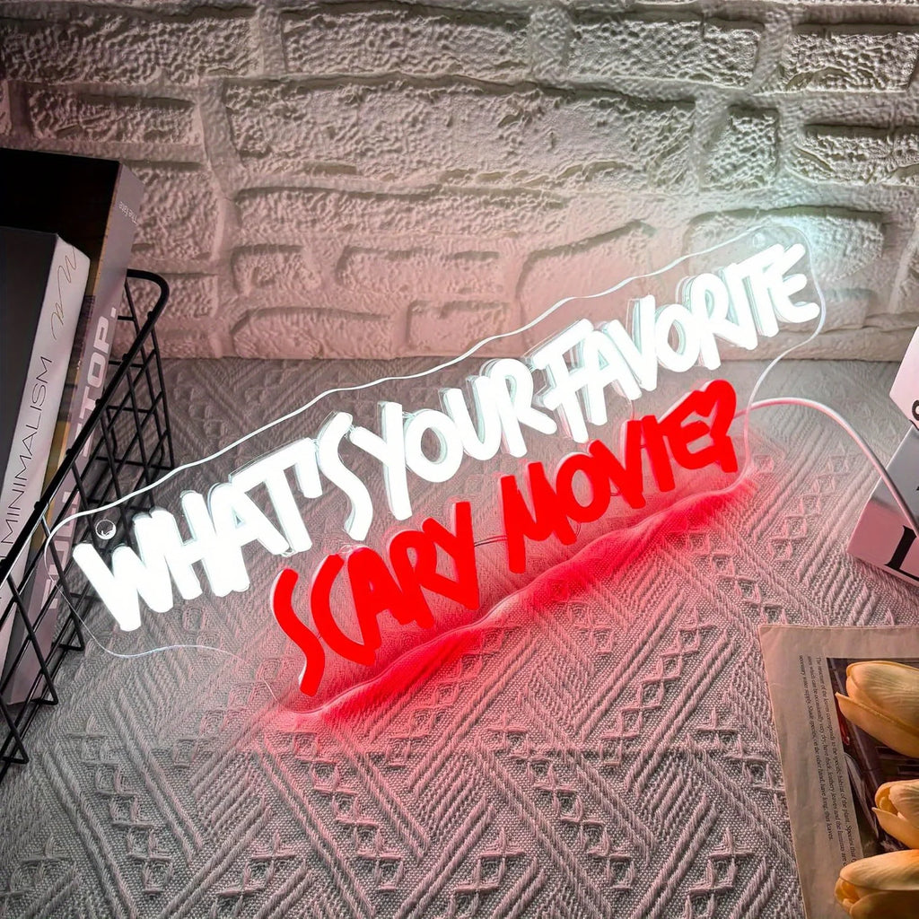LED Neon Sign What Is Your Favorite Scary Movie Neon Light Wall Decor for Party Bedroom Outdoor House Bar Halloween USB Powered