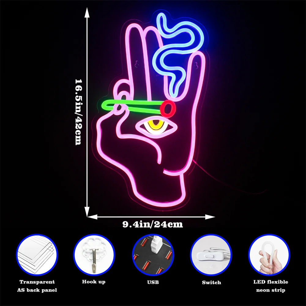 Led Neon Sign Smoking Hand Eye Personalized Neon Signs For Bar Game Room Restaurant Wall Decoration Neon Light USB Acrylic