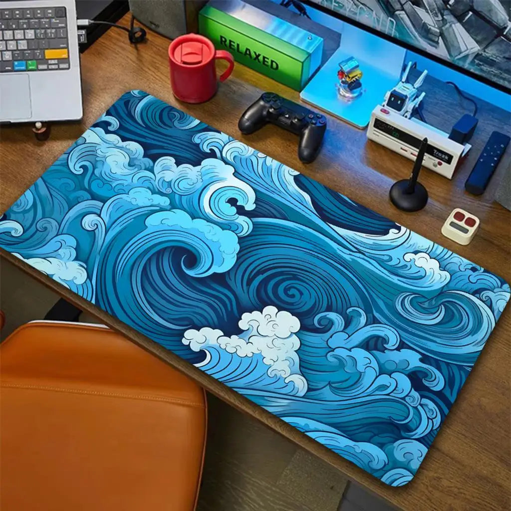 Aesthetic Desk Mat Art Japanese Great Waves XXL Gaming Mouse Pad Blue Mousepad 900x400 Beautiful Nature Rubber Desk Pad Mat