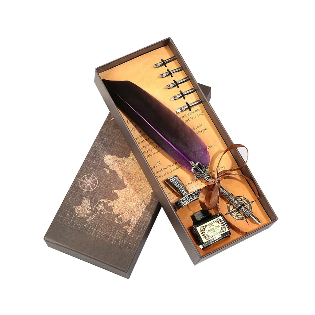 Retro Feather Pen Writing Ink Set Stationery Exquisite Feather Dip Pen Stamp Set Art Supplies Crafts Gifts for Student DIY