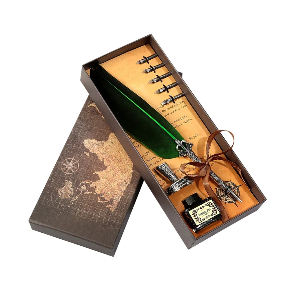 Retro Feather Pen Writing Ink Set Stationery Exquisite Feather Dip Pen Stamp Set Art Supplies Crafts Gifts for Student DIY