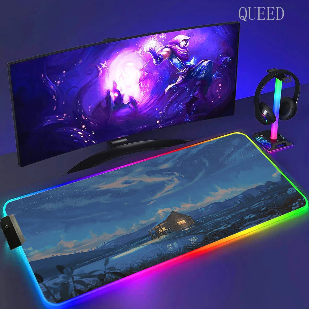 Led Large Desk Mat Fantasy Mountain Landscape Rgb Mousepad Carpet with Backlight Mausepad Lockrand Colorful Mouse Pad Desk Mats