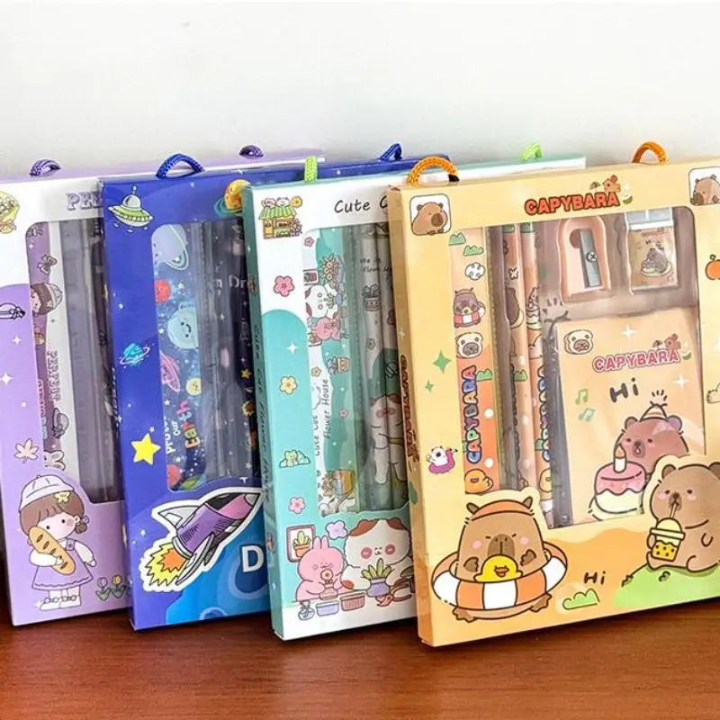 6Pcs/Set Cute Cartoon Capybara Pencil Stationery Set Kawaii Cat Eraser Pencil Sharpener Children's Student Stationery Supplies