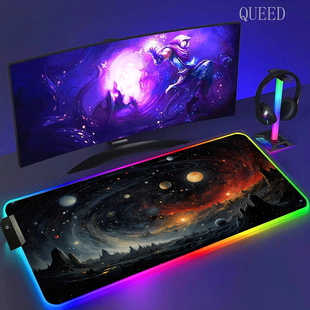 Led Large Desk Mat Fantasy Mountain Landscape Rgb Mousepad Carpet with Backlight Mausepad Lockrand Colorful Mouse Pad Desk Mats