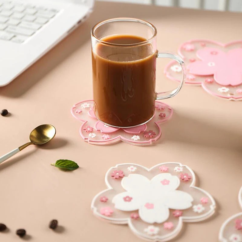 Cute Sakura Desk Mat Kawaii Coffee Cup Coaster Heat Insulation Mat for Tea Milk Mug Office Home Decors Cute Desk Accessories