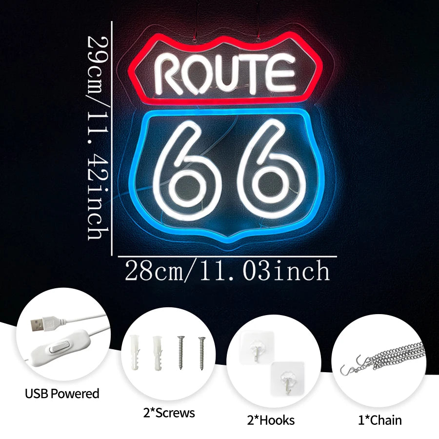 66 Route Led Neon Sign, Used For Wall Decor, Usb Powered, Used For Room, Club, Bar, Game Room, Man Cave Aesthetic Wall Lamp.