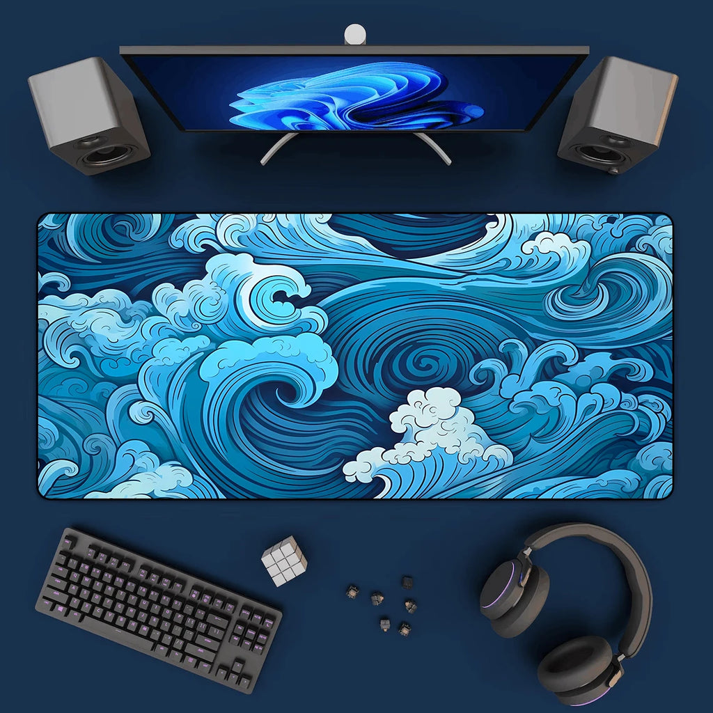 Aesthetic Desk Mat Art Japanese Great Waves XXL Gaming Mouse Pad Blue Mousepad 900x400 Beautiful Nature Rubber Desk Pad Mat