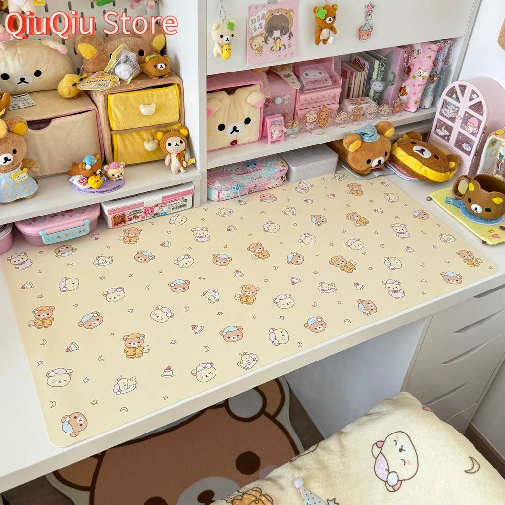 Cute Cartoon Rilakkuma Ins Aesthetic PU Leather Desk Mat | Waterproof Heat-Resistant Mouse Pad for Dorm Office, Kawaii Decor