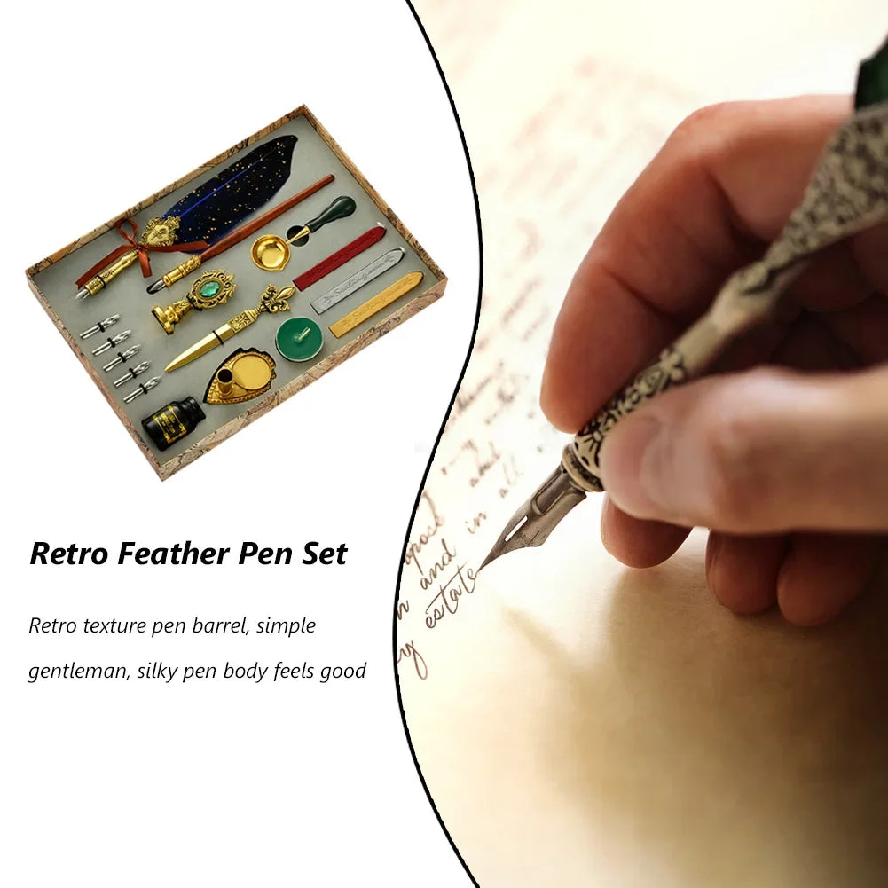 Retro Feather Pen Writing Ink Set Stationery Exquisite Feather Dip Pen Stamp Set Art Supplies Crafts Gifts for Student DIY