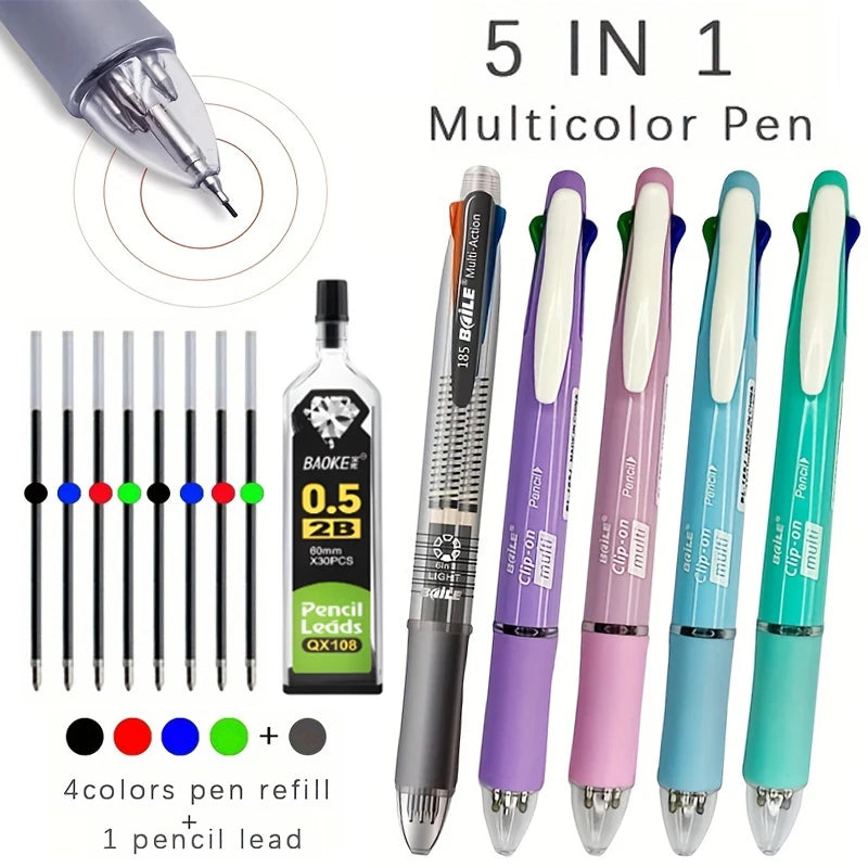 Creative 5 In 1 Multicolor Ballpoint Pen Set 4Colors 0.7mm Ball Pen and 0.5mm 1pc Automatic Pencil Art Painting Writing Supplies