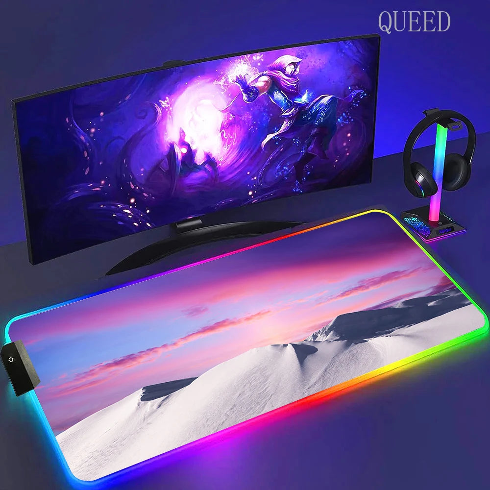 Led Large Desk Mat Fantasy Mountain Landscape Rgb Mousepad Carpet with Backlight Mausepad Lockrand Colorful Mouse Pad Desk Mats