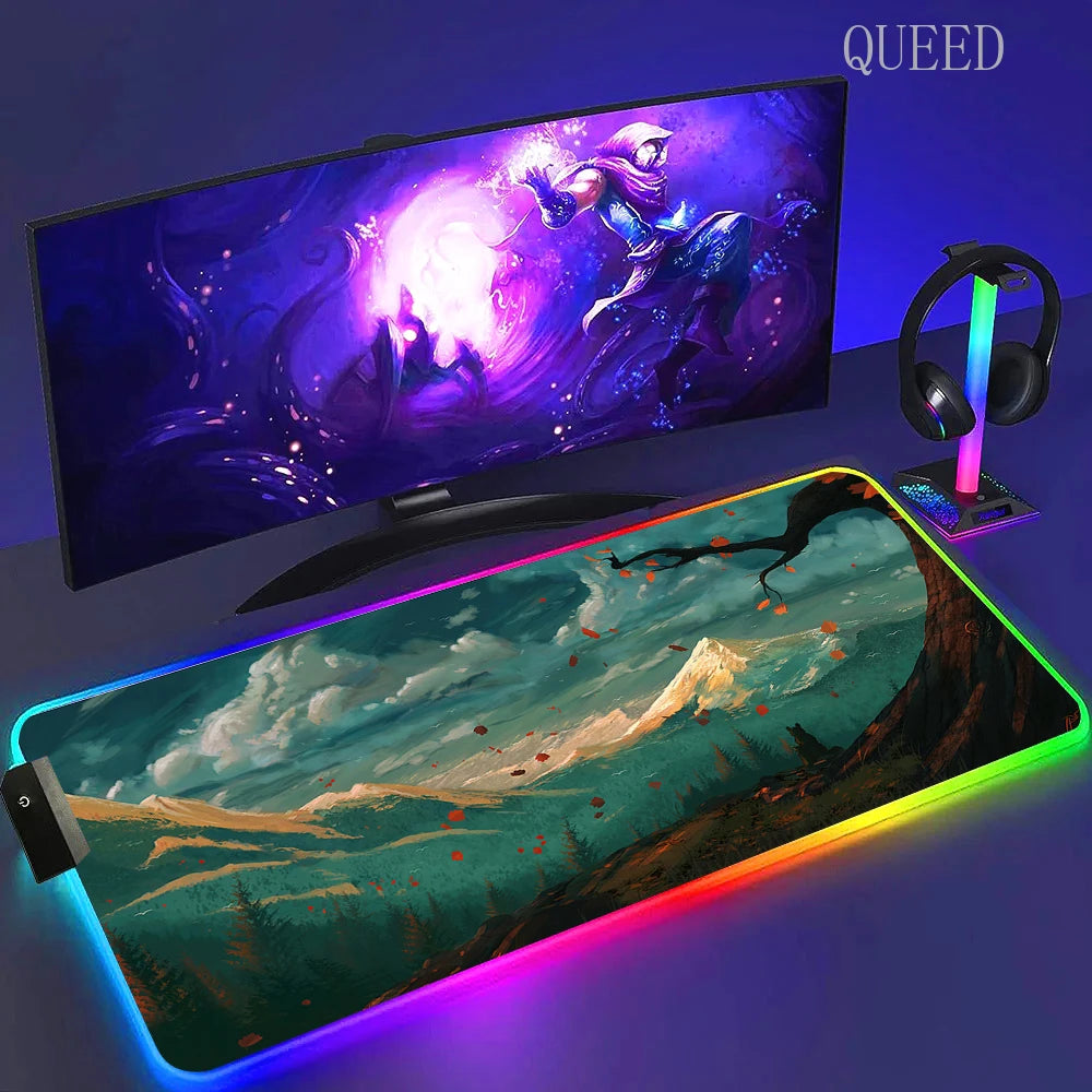 Led Large Desk Mat Fantasy Mountain Landscape Rgb Mousepad Carpet with Backlight Mausepad Lockrand Colorful Mouse Pad Desk Mats