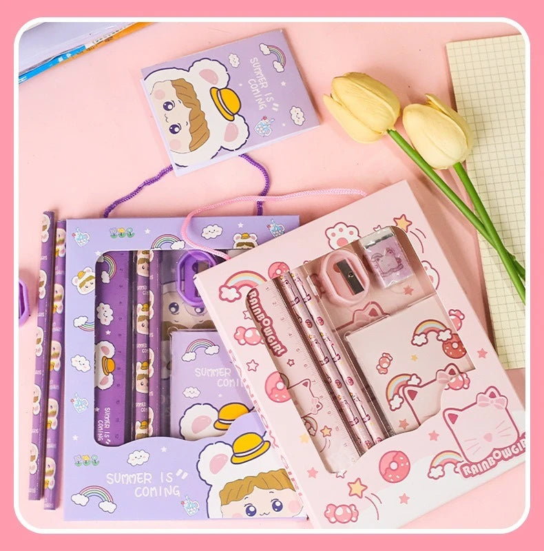 New Cartoon Stationery Set Including Pencil Notebook Ruler Eraser Pencil Sharpener Student School Supplies Stationery Gifts
