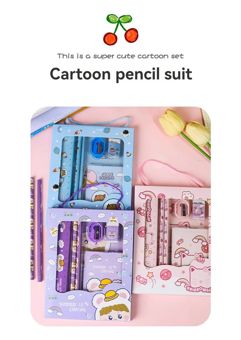 New Cartoon Stationery Set Including Pencil Notebook Ruler Eraser Pencil Sharpener Student School Supplies Stationery Gifts