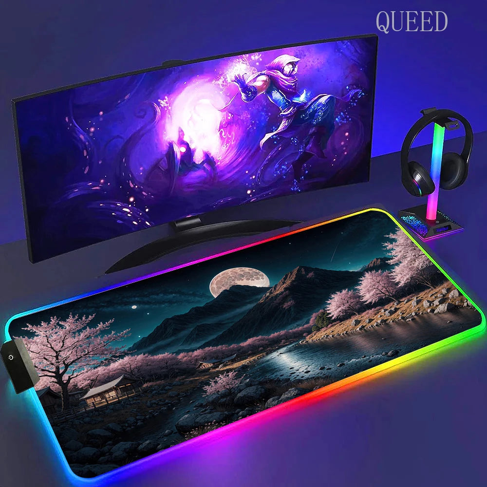 Led Large Desk Mat Fantasy Mountain Landscape Rgb Mousepad Carpet with Backlight Mausepad Lockrand Colorful Mouse Pad Desk Mats