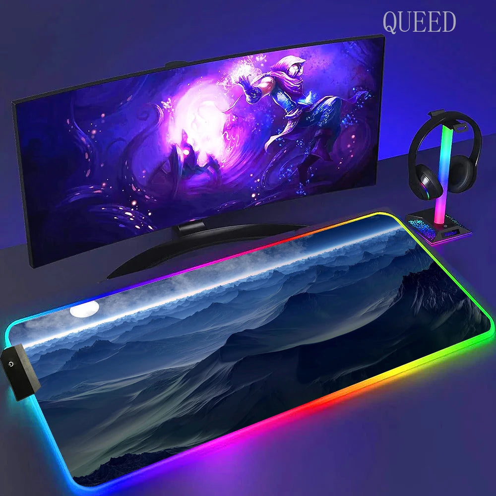 Led Large Desk Mat Fantasy Mountain Landscape Rgb Mousepad Carpet with Backlight Mausepad Lockrand Colorful Mouse Pad Desk Mats