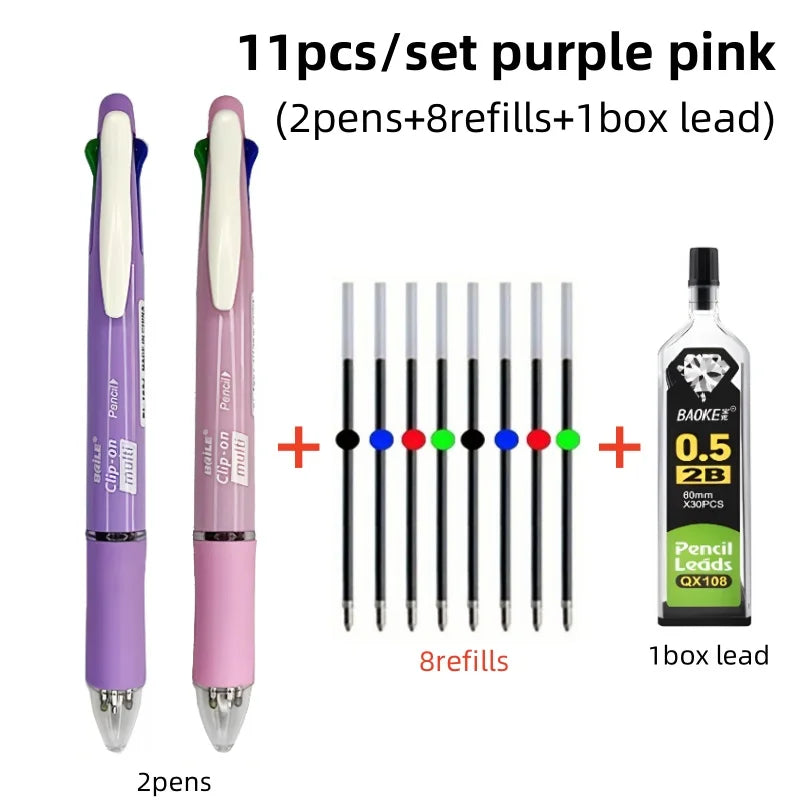 Creative 5 In 1 Multicolor Ballpoint Pen Set 4Colors 0.7mm Ball Pen and 0.5mm 1pc Automatic Pencil Art Painting Writing Supplies