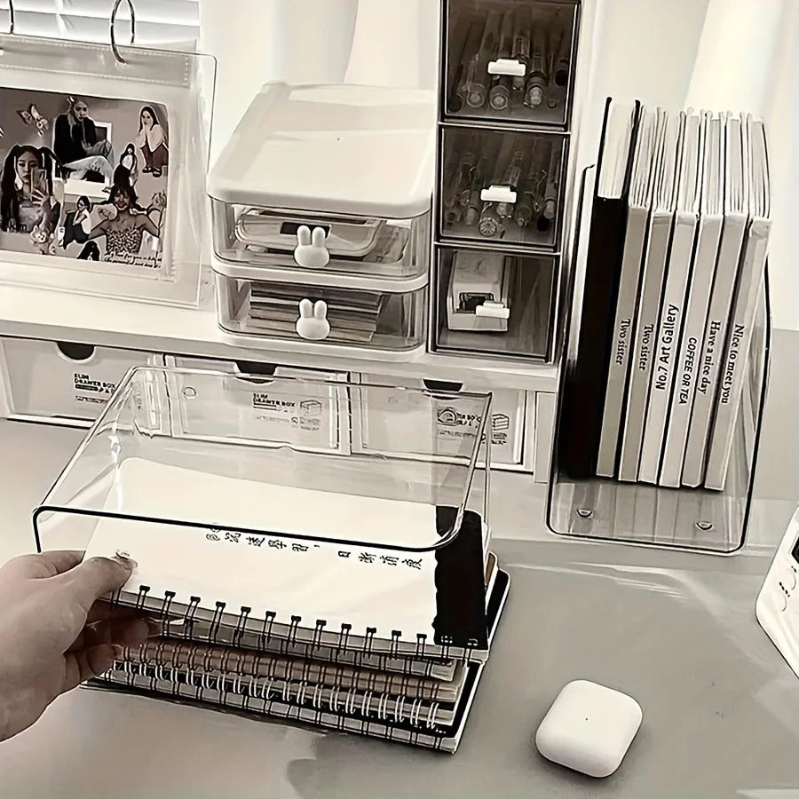 Clear Acrylic Desk Organizer with Multi Compartments. Transparent book stand, file & stationery holder for office & dorm.