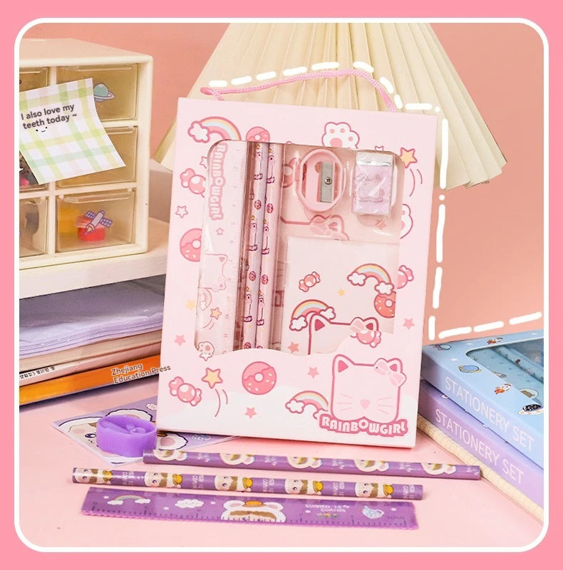 New Cartoon Stationery Set Including Pencil Notebook Ruler Eraser Pencil Sharpener Student School Supplies Stationery Gifts