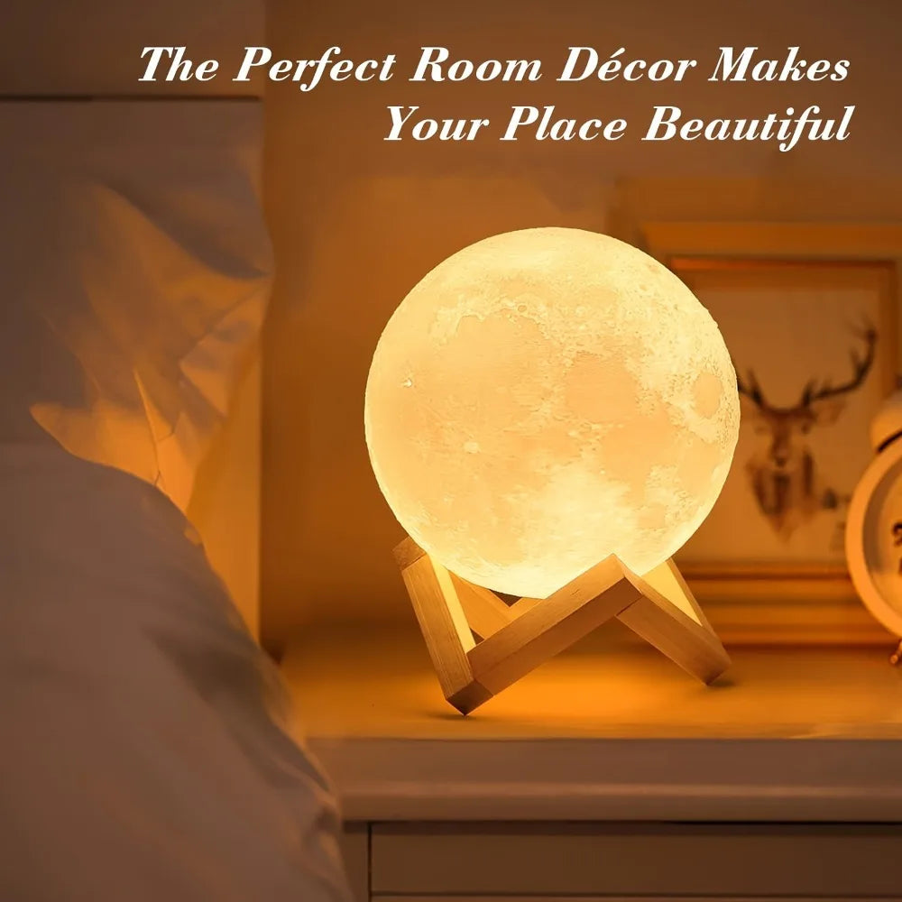 16 Colors 3D Printed Moon Lamp USB Plug LED Night Light with Wooden Stand Remote Control Adjustable Brightness Table Light