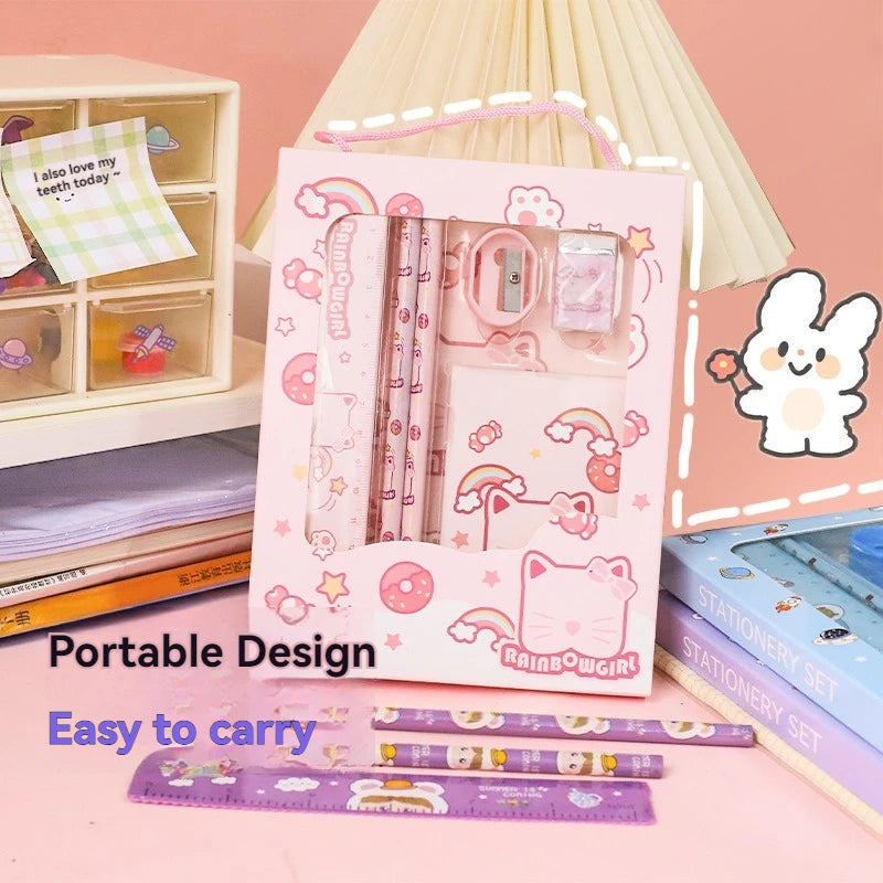 New Cartoon Stationery Set Including Pencil Notebook Ruler Eraser Pencil Sharpener Student School Supplies Stationery Gifts