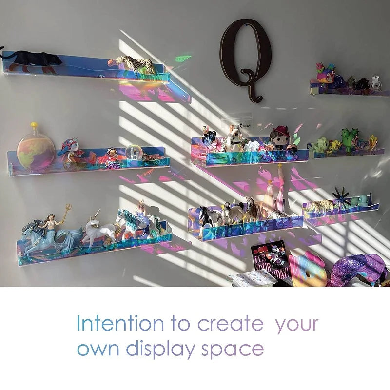 2/4Pcs Acrylic Floating Shelves Colorful Display Stand Rainbow Iridescent Wall Rack Shelf Office Storage Bookshelf Wall Hanging
