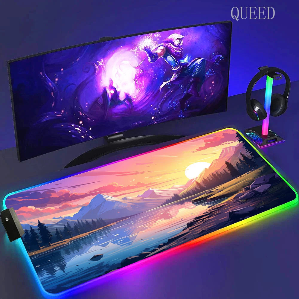 Led Large Desk Mat Fantasy Mountain Landscape Rgb Mousepad Carpet with Backlight Mausepad Lockrand Colorful Mouse Pad Desk Mats