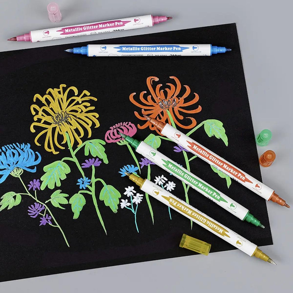 10pcs Metallic Dual Tip Marker Pens, with Brush And Fine nibs, For Album DIY, Black Cards, Scrapbooking, Craft Supplies